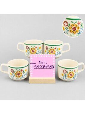 Vintage Lenox Temperware QUAKERTOWN Pink Blue Yellow Floral Cups Mugs Set of 4